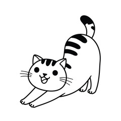 Cute Cat Stretching - Minimalist Black and White Illustration
