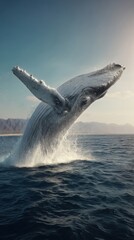 Fototapeta premium Majestic whale breaching the surface of the ocean at sunset near coastline with mountains in the background