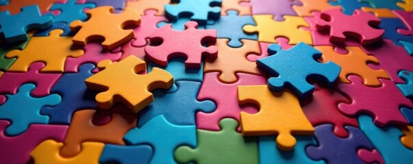 Giant jigsaw puzzle solved during team event Colorful pieces assembled , puzzle, success