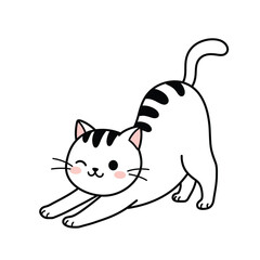 Cute Cat Stretching - Minimalist Black and White Illustration