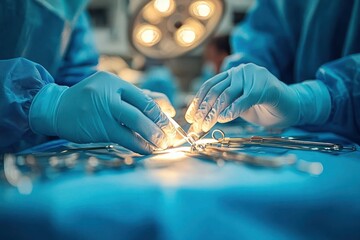 Close-up of surgeons' gloved hands performing a precise medical procedure under bright surgical light with various metal instruments on a sterile blue drape