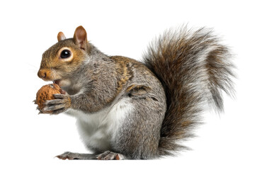 Obraz premium Close-up of squirrel holding a nut with fluffy tail, cut out