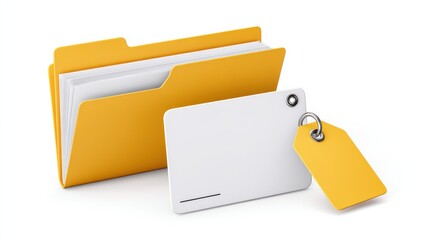 Yellow file folder with papers, a blank label, and a yellow tag on a white background.