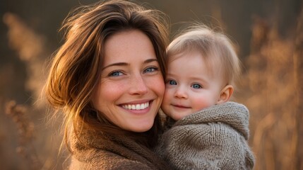 Mother smiling and holding her baby in a field