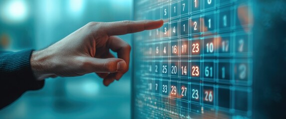 Hand interacting with a futuristic transparent digital touchscreen displaying numbers and a highlighted calendar grid in a blue-toned environment
