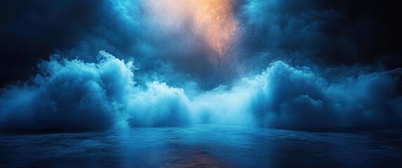 Dramatic ocean waves crashing under a dark sky with a bright warm light breaking through thick clouds, creating a powerful and mysterious mood