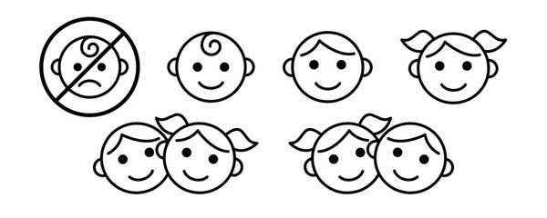 Suitable for babies, children, adults label icon set. Kids and child friendly icons. Baby safe approved. Suitable for kids logo, badge, sign, symbol isolated on white background. Vector illustration.