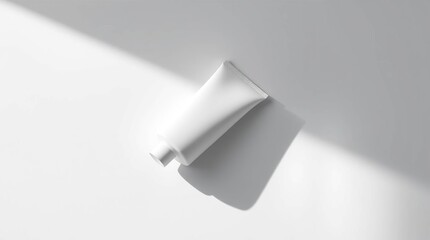 An overhead view of a blank white cosmetic tube mockup casting a sharp shadow on a minimalist background.