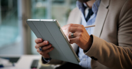 Business man, hands and writing on tablet in office for funding request approval, contract...