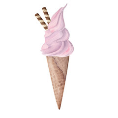 Hand drawn illustrations of colourful tasty watercolor ice cream in waffle cone with vanilla and chocolate waffle tubes, isolated on white background.	