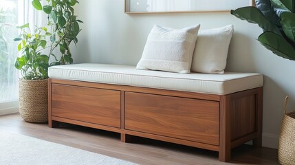 Modern living room with warm wood storage bench and ivory cushion