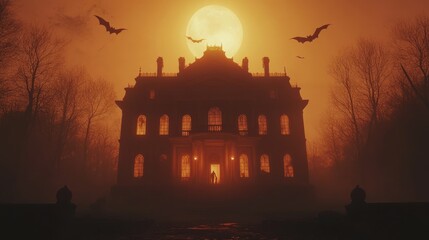 A Victorian mansion, haunted by ghosts, shines in the light of twinkling pumpkins. Bats fly across the Halloween sky, adding to the eerie atmosphere.