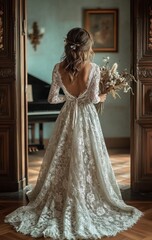 Woman in a long white lace dress holding a bouquet of dried flowers standing indoors in front of a vintage piano and wooden doors, with soft natural light creating a serene atmosphere