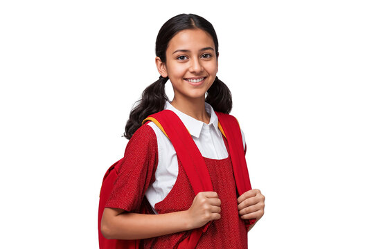 Portrait of a smiling Indian schoolgirl in red uniform with a backpack, isolated on transparent background