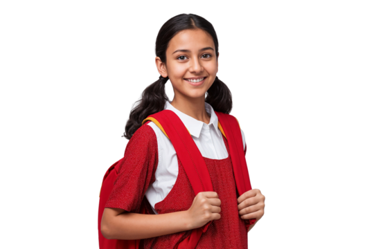 Portrait of a smiling Indian schoolgirl in red uniform with a backpack, isolated on transparent background