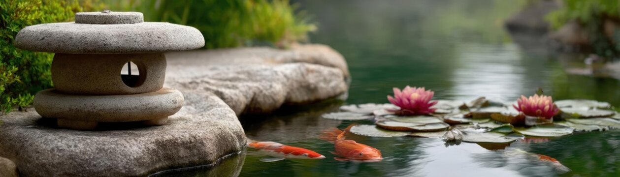 Koi pond with lantern and minimalism by rock concept. A serene garden scene featuring koi fish and lotus flowers.