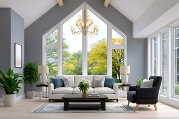 Naklejka premium Modern living room with large windows overlooking trees in autumn