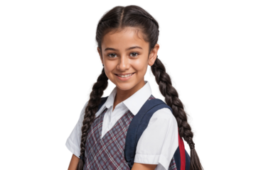 Smiling young Indian Junior High School student with braided hair and a backpack, isolated on transparent background