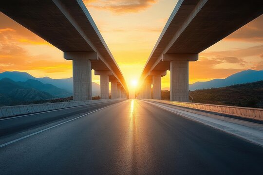 Empty highway road with two parallel elevated bridges during a vibrant sunset with mountains in the background creating a serene and hopeful atmosphere