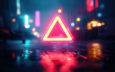 Glowing neon triangular warning sign on wet pavement under rainy night with colorful blurred city lights in the background