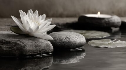 Fototapeta premium Water reflection with harmony and minimalism in rock concept. A serene water lily resting on smooth stones in tranquil water.