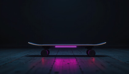 Electric skateboard on dark background, transport, speed	
