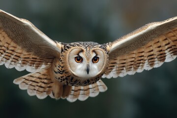Majestic owl gliding effortlessly through the twilight sky, showcasing its stunning plumage and sharp gaze during the evening hunt in the forest clearing