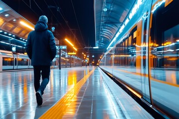 Man walking in illuminated train station at night