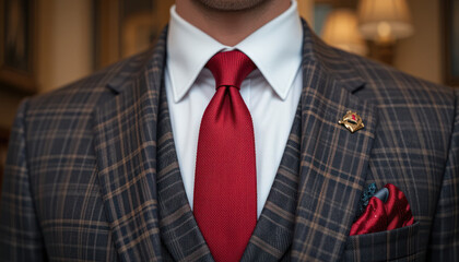 Man in plaid suit, city background, fashion detail	
