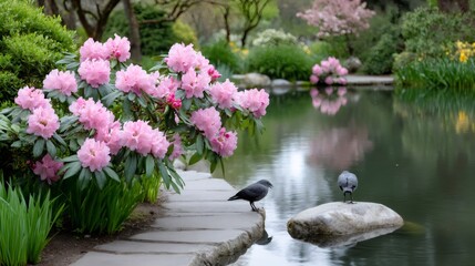 Naklejka premium Northwestern crows standing near blooming rhododendron and pond in spring