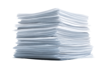 Large stack of white papers piled high on white background, cut out