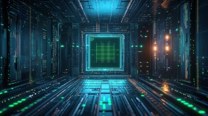 futuristic digital server room with glowing blue and green lights surrounding a central illuminated microchip, evoking a high-tech and advanced atmosphere