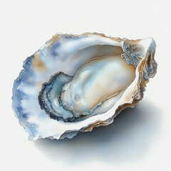 Close-up of a single oyster with detailed textured shell and soft translucent meat inside on white background