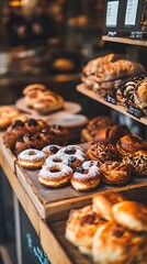 Variety of Fresh Baked Doughnuts and Pastries Displayed on Wooden Shelves at Bakery
