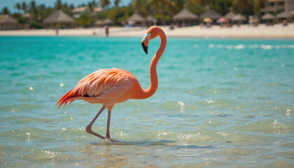Flamingo wading in shallow turquoise water, sunny beach background; travel postcard	
