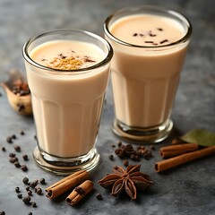 Two Glass Cups of Spiced Chai Latte with Cinnamon and Star Anise on Grey Backdrop
