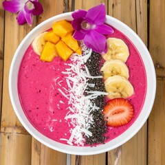 Vibrant Tropical Fruit Smoothie Bowl on Rustic Bamboo Mat with Flowers