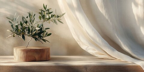 Small olive tree branch in rustic round wooden pot on wooden surface with soft white curtain blowing gently in warm sunlight