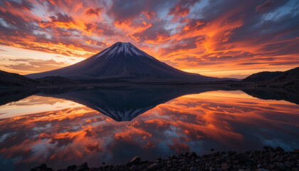 Volcanic eruption at sunset, reflected in lake, tropical landscape; travel poster	
