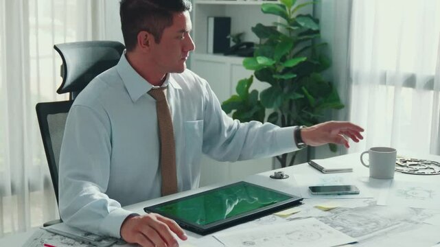 Professional engineer looking at phone while working on tablet with green screen at meeting table with turbine engine or jet engine sketch design and various metal gear scatter around. Alimentation.