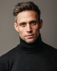 Obraz premium Clean-shaven, white man in a classic turtleneck, standing in a soft-lit studio, flat background, focus on skin and calm look.
