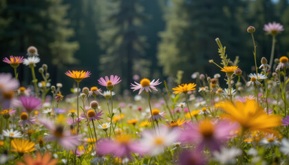 Sunny meadow wildflowers, vibrant blooms, forest background, nature scene	
