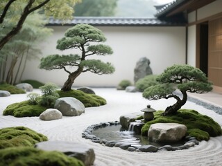 Zen garden, simplicity and harmony. moss, bonsai trees, small water features, and stone accents each element adding to a calming and balanced atmosphere