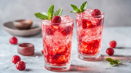 Two Refreshing Red with Ice, Raspberries, and Mint on a Textured Grey Table