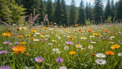 Sunny meadow wildflowers, vibrant blooms, forest background, nature scene	
