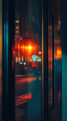 police lights flashing through hotel windows, subtle reflection on walls, cinematic investigation mood 