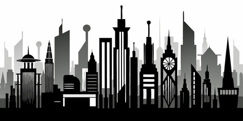 Bold black silhouette of a modern urban city skyline featuring skyscrapers, ideal for tech, business, or architectural design projects.