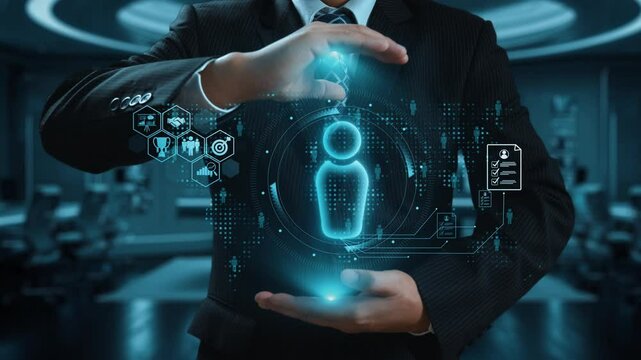 A businessman showcases a digital interface featuring data symbols, illustrating the fusion of technology and modern business practices in an advanced workspace. Qubit