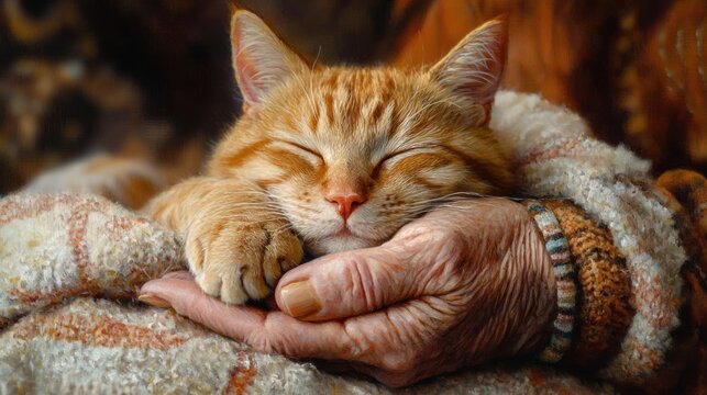 close-up of an orange tabby cat peacefully sleeping in the gentle hands of an elderly person wrapped in a warm knitted sweater, conveying comfort and tenderness