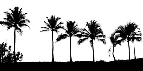 Silhouetted palm trees at sunset isolated on a white background